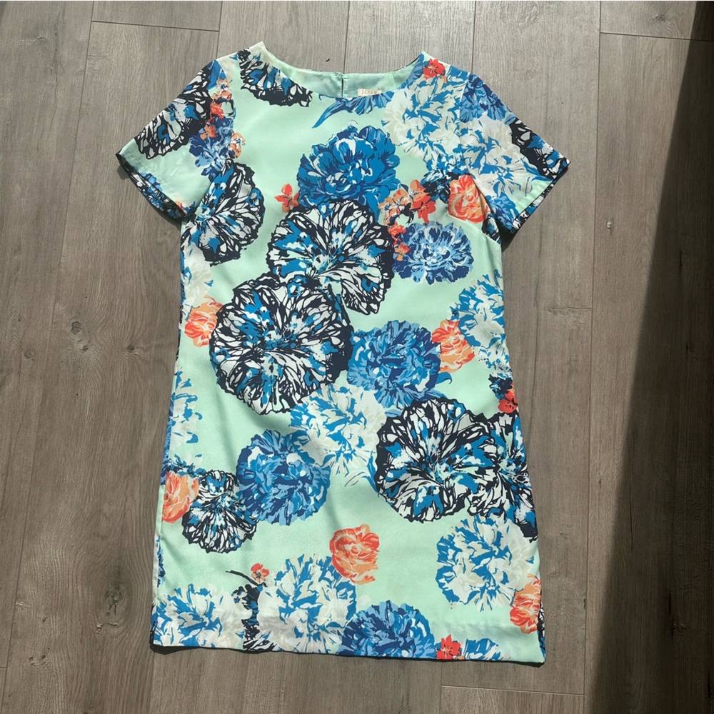 J. Crew Factory Mint Floral Shift Dress with Blue & Coral Accents
